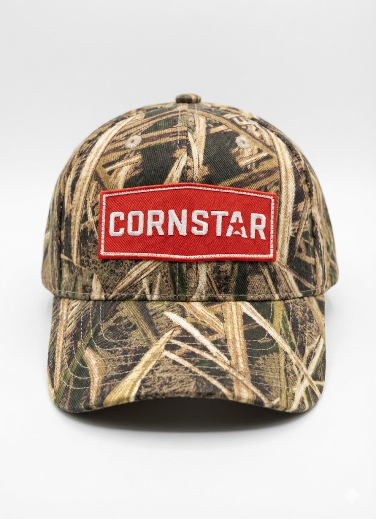 Wooded camouflage cap with classic red and white Cornstar brand embroidery patch on front.