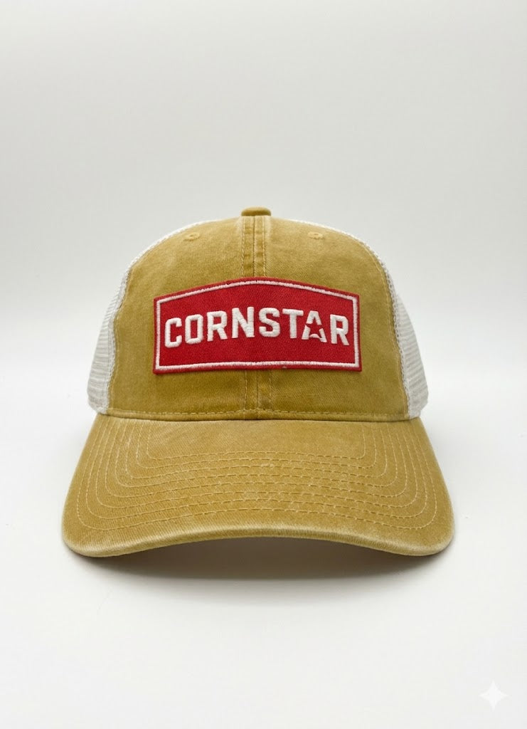 Dark yellow cap with Cornstar brand classic red and white embroidered patch.