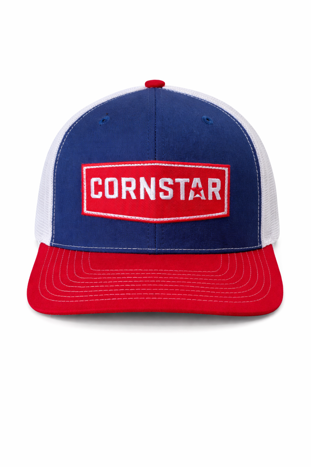 Red, white, and blue mesh trucker cap with classic red and white Cornstar brand embroidered logo patch.